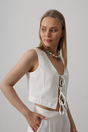 Aesco Bağlamalı Yelek - Beyaz