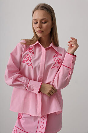 Aesco Nakış Detaylı Etekli Takım - Pembe