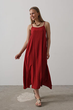 Aesco Askılı Uzun Çan Elbise - Bordo