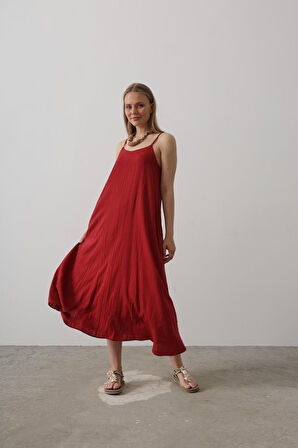 Aesco Askılı Uzun Çan Elbise - Bordo