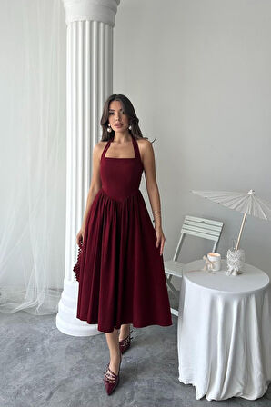 Aesco Bordo Boyundan Bağlamalı Keten Elbise