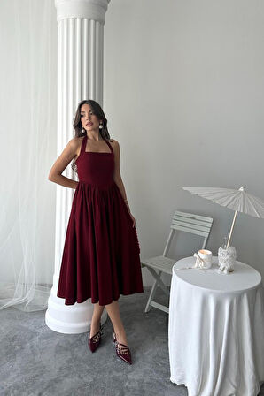 Aesco Bordo Boyundan Bağlamalı Keten Elbise