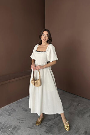 Aesco Bej Arkası Bağlamalı Keten Elbise