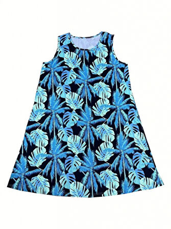 Aesco Kadın Mavi Yaprak Baskılı Askılı Süprem Elbise