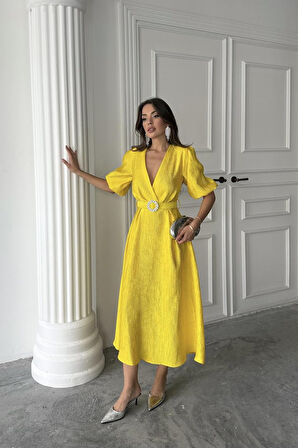 Aesco Sarı Işıltılı Kemerli Kruvaze Elbise