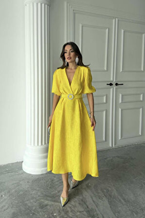 Aesco Sarı Işıltılı Kemerli Kruvaze Elbise