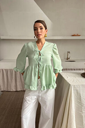 Aesco KETEN BLUZ ÖNDEN BAĞLAMALI FIRFIR DETAYLI - Yeşil