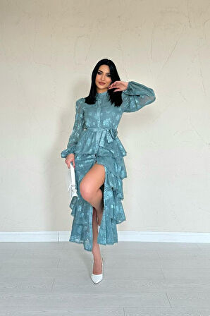 Aesco Mint Valonlu Şeritli Kat Kat Elbise