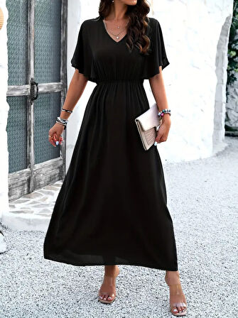 Aesco Kadın Kısa Kollu V Yakalı Beli Lastikli Uzun Viskon Elbise