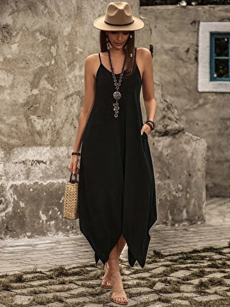 Aesco Kadın Askılı V Yakalı Cep Detaylı Asimetrik Kesim Detaylı Viskon Elbise