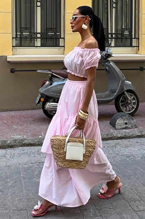 Aesco Büzgülü Crop Kat Detaylı Fırfır Etekli Takım 10196