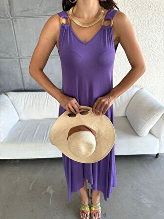 Aesco Kadın çan Dokuma Kumaş V Yaka Asimetrik Kesim Elbise