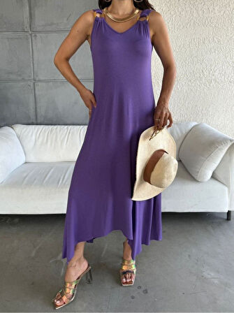 Aesco Kadın çan Dokuma Kumaş V Yaka Asimetrik Kesim Elbise