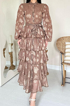 Aesco Vizon Valonlu Şeritli Kat Kat Elbise