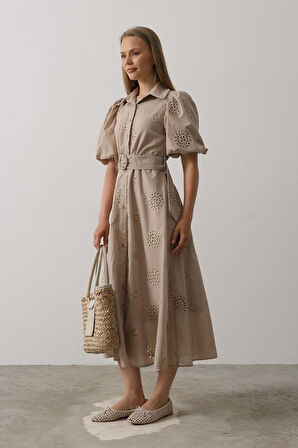 Aesco Balon Kol Kemerli Brode Elbise - Taş