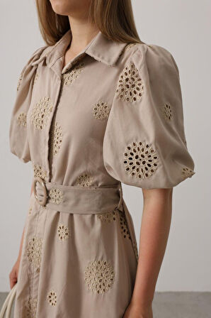 Aesco Balon Kol Kemerli Brode Elbise - Taş