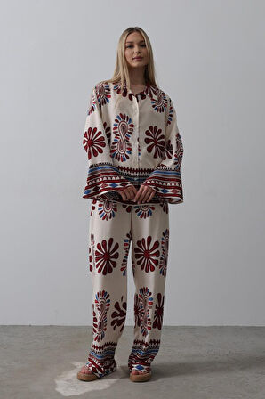 Aesco Desenli Kolları Volanlı Pantolon Takım - Kırmızı