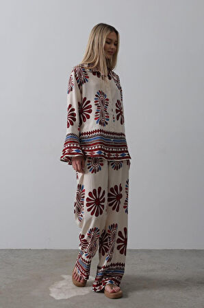 Aesco Desenli Kolları Volanlı Pantolon Takım - Kırmızı