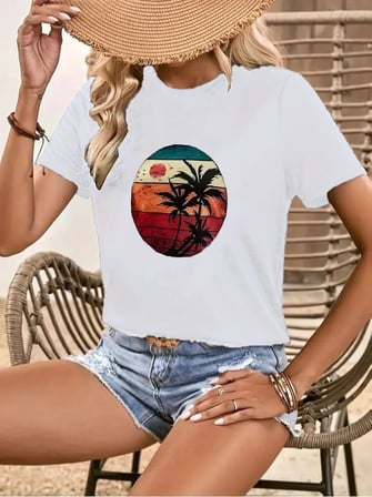 Aesco Kadın Kısa Kollu Palmiye Baskılı Viskon T-shirt
