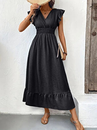 Aesco Kadın Kısa Kelebek Kollu Kruvaze Yakalı Beli Lastikli Aerobin Elbise