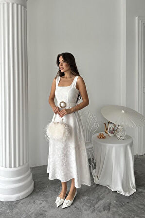 Aesco Ekru Kuplu Uzun Elbise