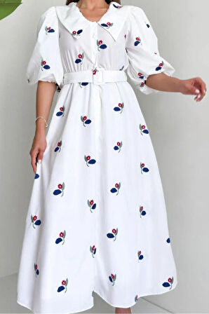 Aesco Kırmızı Yakası Çiçek Motifli Kemerli Elbise