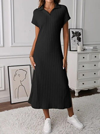 Aesco Kadın Kısa Kollu Yakalı Yandan Yırtmaçlı Kalın Fitilli Kaşkorse Elbise