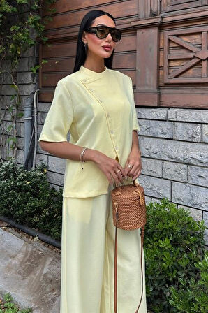 Aesco Hakim Yaka Çapraz Düğmeli Plazzo Pantolon Viscon Keten Takım 10209