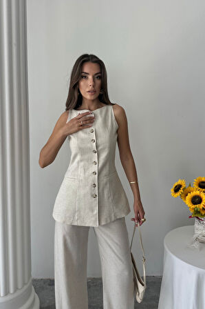 Aesco KETEN YELEK - PANTOLON TAKIM - Taş