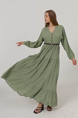 Aesco Önü Yarım Düğmeli Uzun Kol Kemerli Elbise - Haki