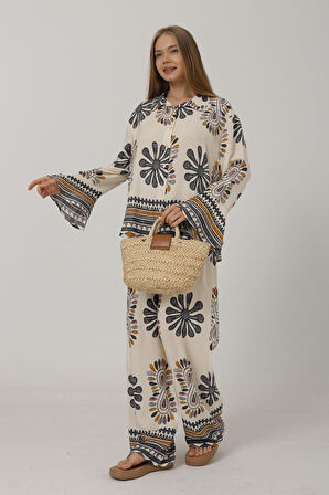 Aesco Desenli Kolları Volanlı Pantolon Takım - Antrasit