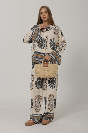 Aesco Desenli Kolları Volanlı Pantolon Takım - Antrasit