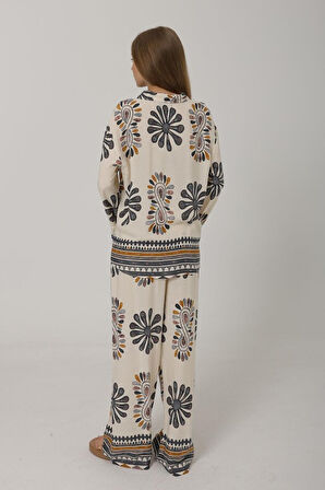 Aesco Desenli Kolları Volanlı Pantolon Takım - Antrasit