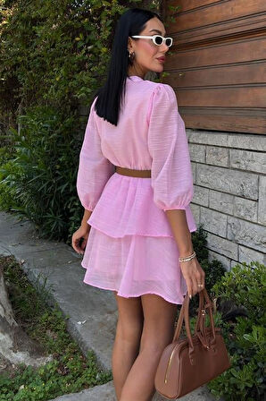 Aesco Deri Kemerli Fırfırlı Elbise 2901