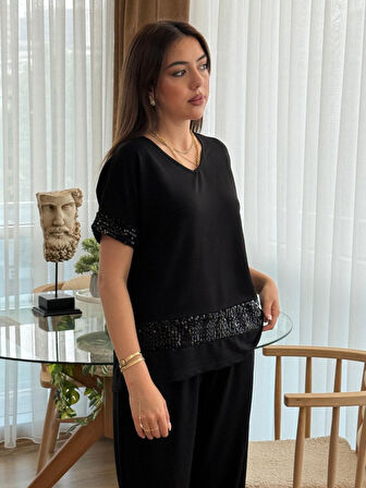 Aesco Kadın Kısa Kollu V Yakalı Pul Payetli Viskon Iki Iplik Bluz Ve Pantolon Ikili Takım