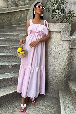 Aesco Etek Ucu Brode Nakışlı Boyundan Bağlamalı Elbise 2881