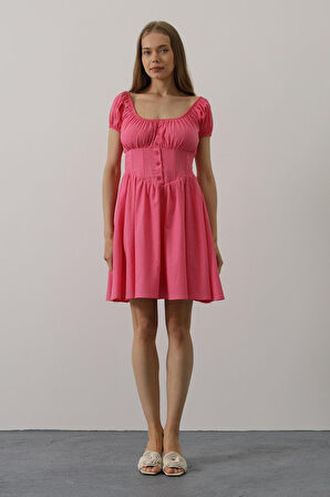 Aesco Beli Korseli Mini Elbise - Fuşya