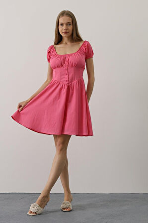 Aesco Beli Korseli Mini Elbise - Fuşya