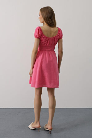 Aesco Beli Korseli Mini Elbise - Fuşya