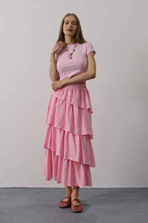 Aesco Katlı Kesim Uzun Etek - Pembe