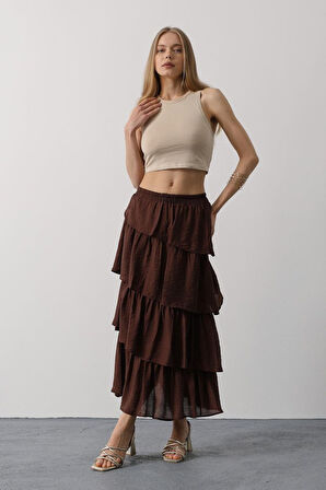 Aesco Katlı Kesim Uzun Etek - Kahve