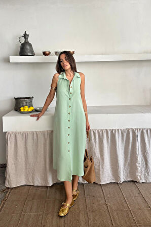 Aesco KETEN ÖNDEN DÜĞMELİ KOLSUZ GÖMLEK YAKA ELBİSE - Mint