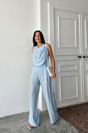 Aesco DEGAJE YAKA KOLSUZ BLUZ - PANTOLON TAKIM - Mavi