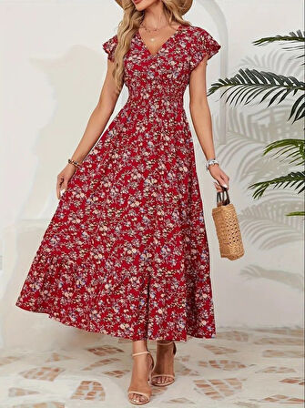 Aesco Kadın Kısa Kollu Kruvaze Yaka Beli Lastikli çiçek Desenli Elbise