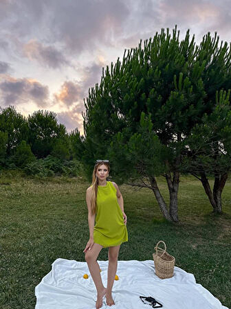 Aesco Kadın Keten Kumaş Kolsuz Mini Boy Elbise