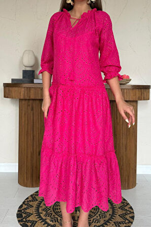Aesco Fuşya Dantelli New Elbise