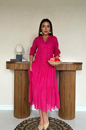 Aesco Fuşya Dantelli New Elbise