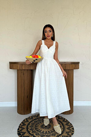 Aesco Ekru Dantel Detaylı Askılı Elbise