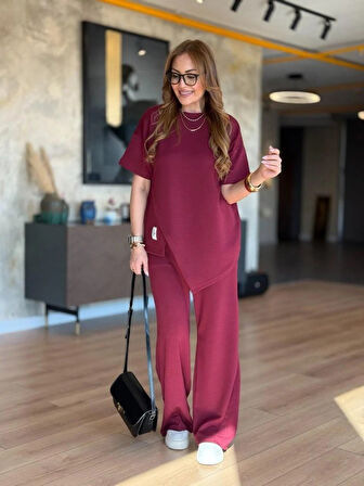 Aesco Kadın Kısa Kollu Bisiklet Yaka Asimetrik Viskon Iki Iplik Bluz Ve Pantolon Ikili Takım