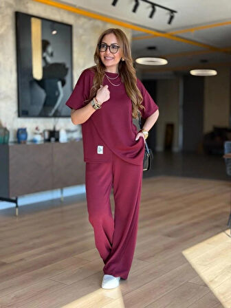 Aesco Kadın Kısa Kollu Bisiklet Yaka Asimetrik Viskon Iki Iplik Bluz Ve Pantolon Ikili Takım